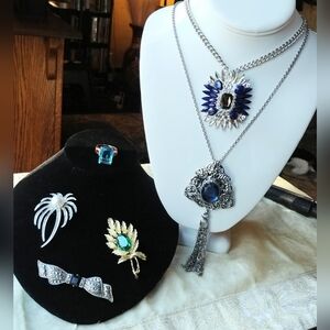 Lot Vintage Style Bling Jewelry Rhinestone Art Deco Brooch Pin Necklace Ring